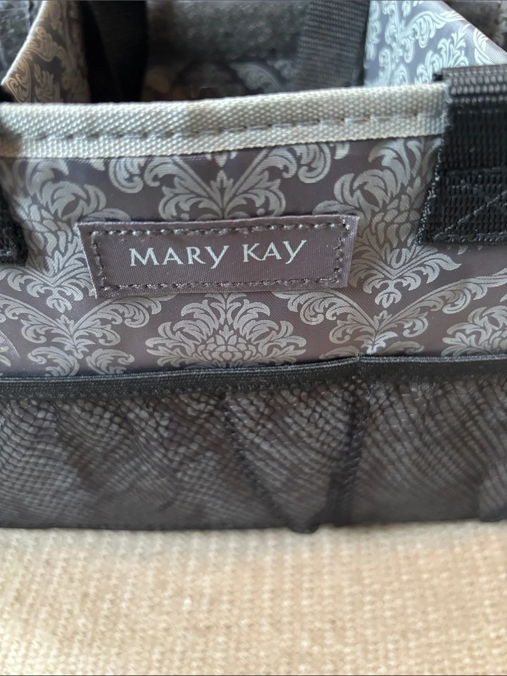 Mary Kay Gray Patterned Organizer Caddy with Black Mesh Pockets